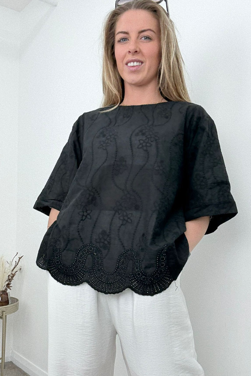 Black Embordered Scallop Bottom Top