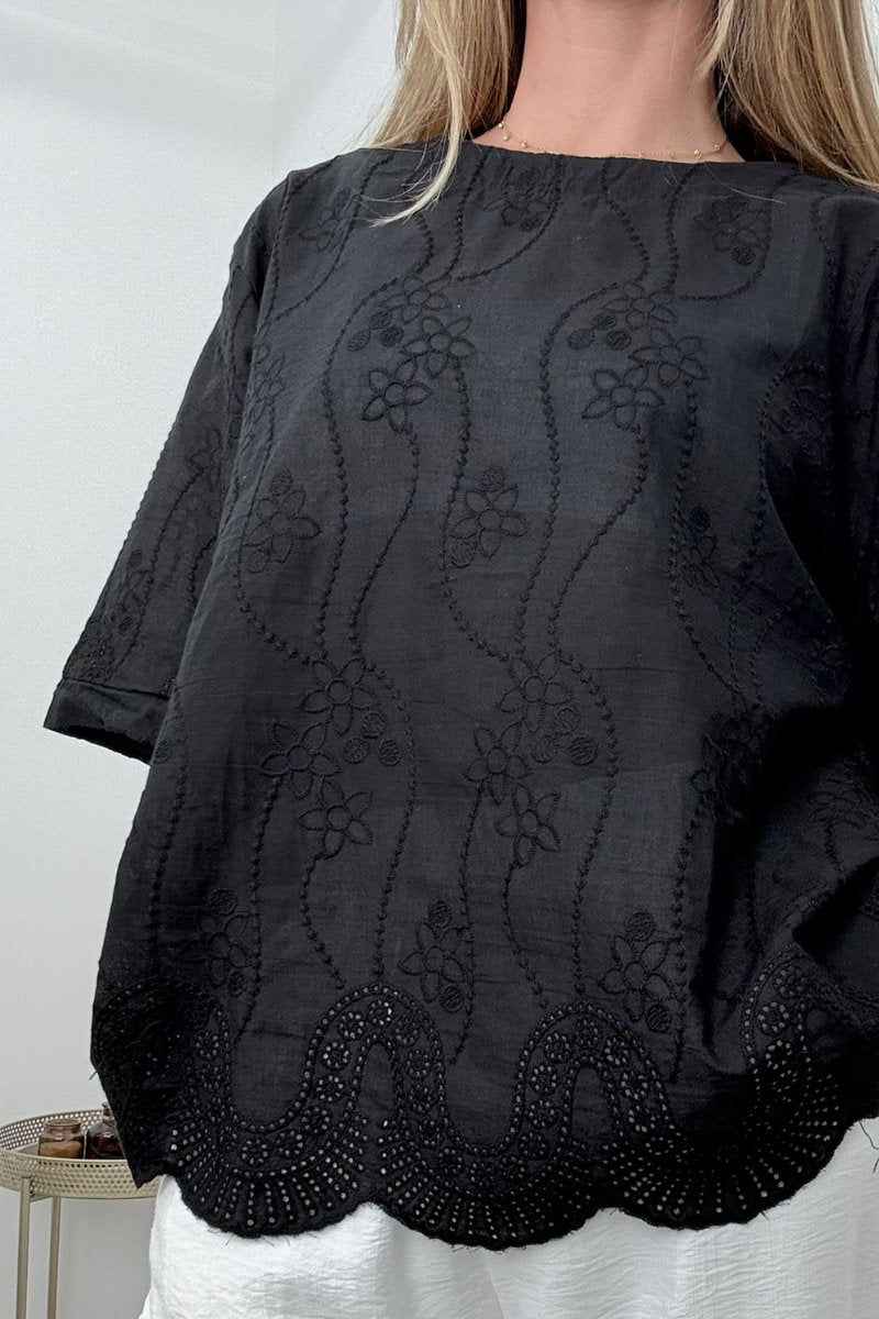 Black Embordered Scallop Bottom Top