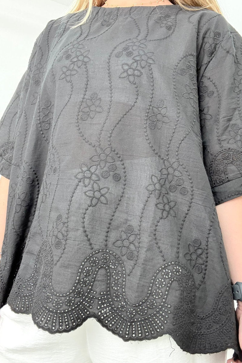 Black Embordered Scallop Bottom Top