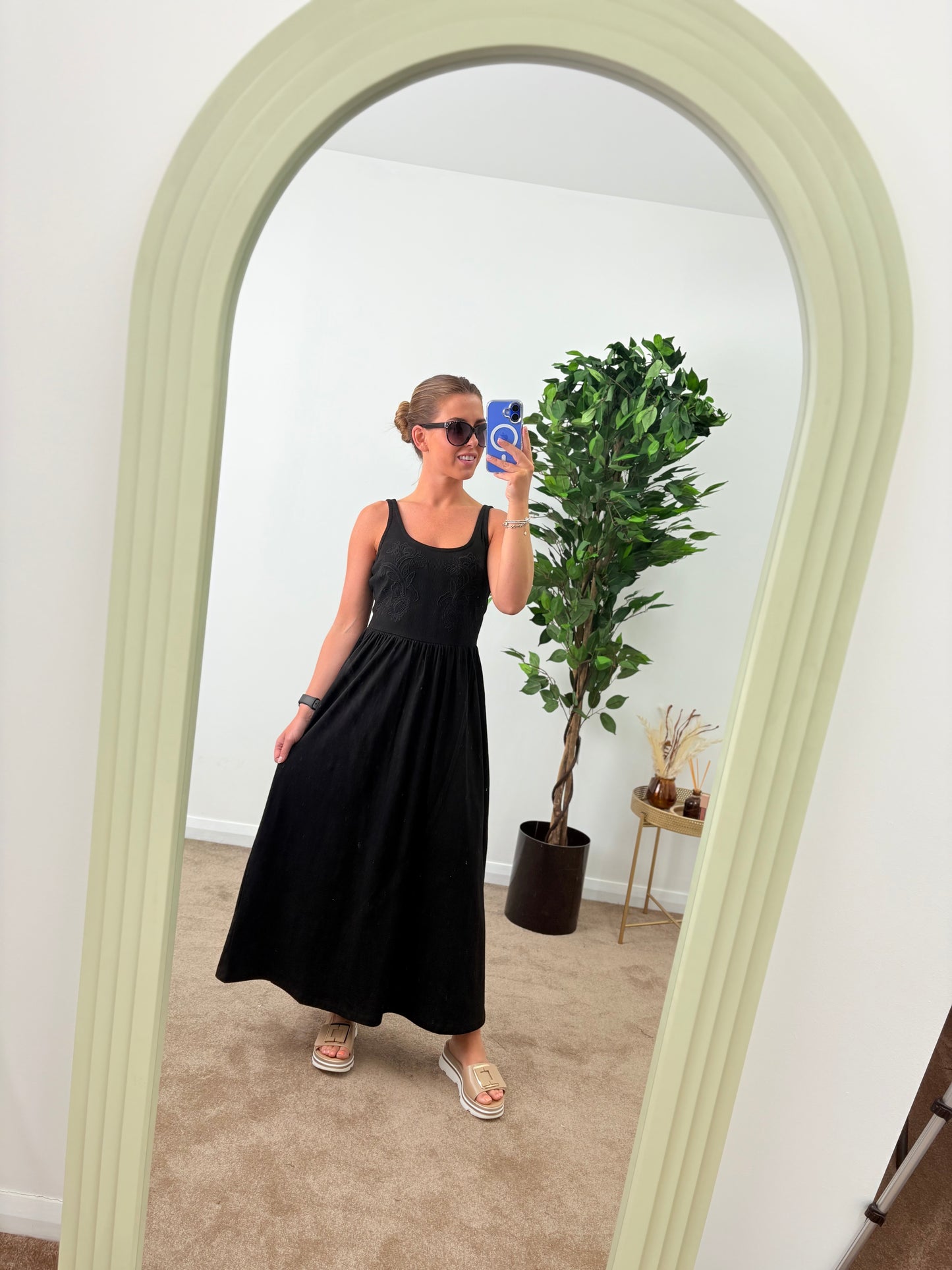 Black Cotton Sundress With Embroidered Bodice