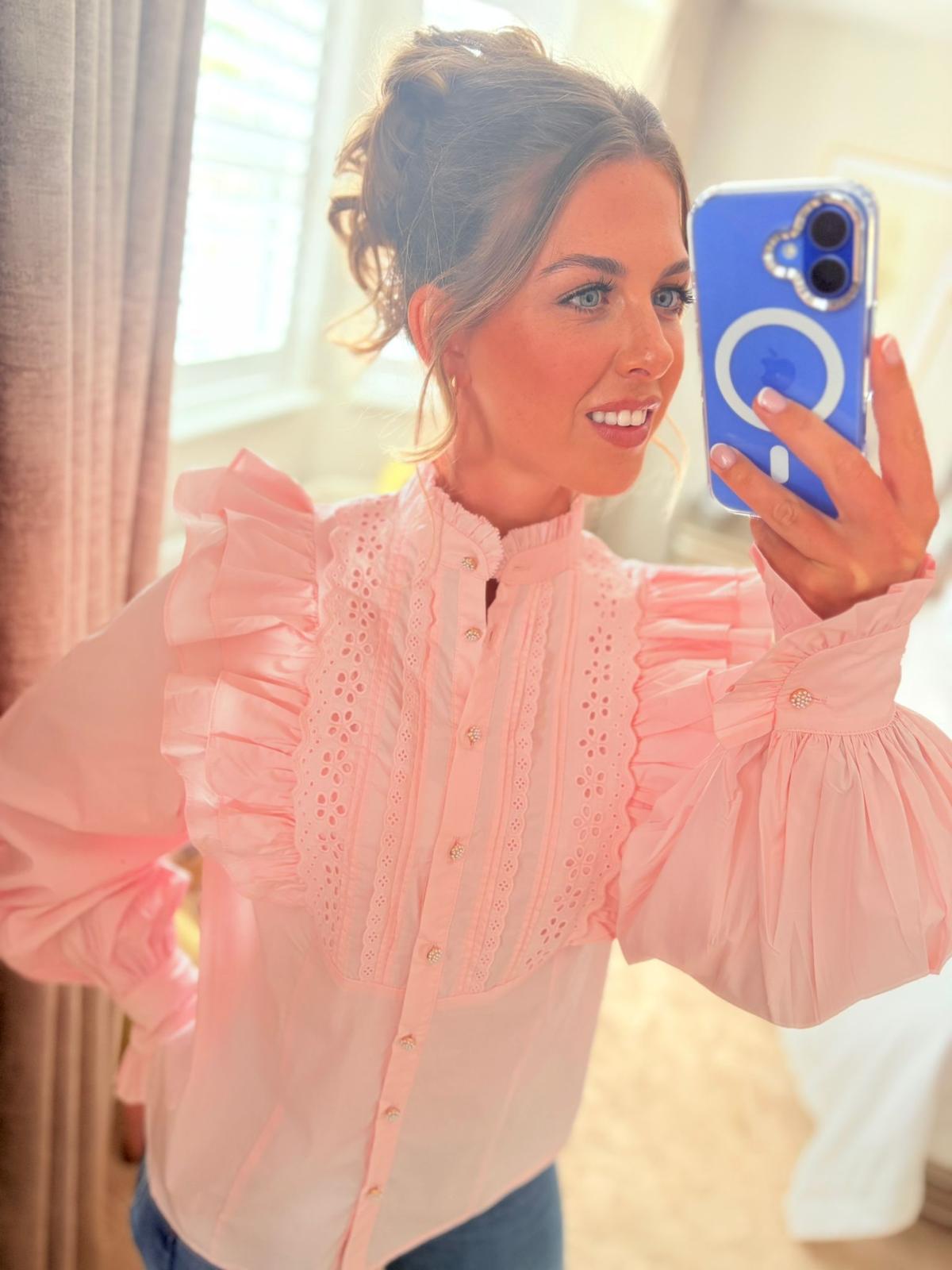 EX-RI Frill High Neck Pink Shirt