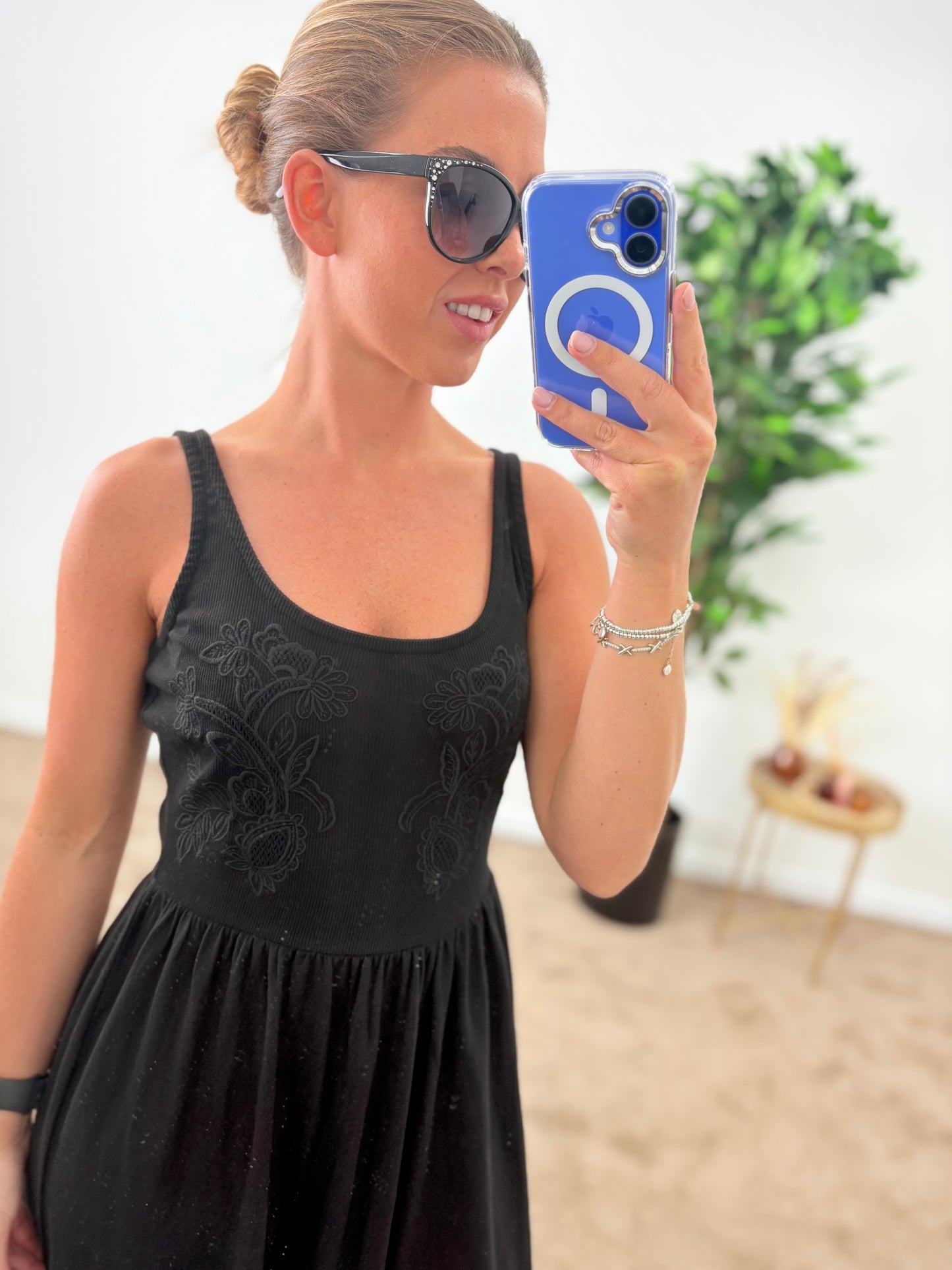 Black Cotton Sundress With Embroidered Bodice
