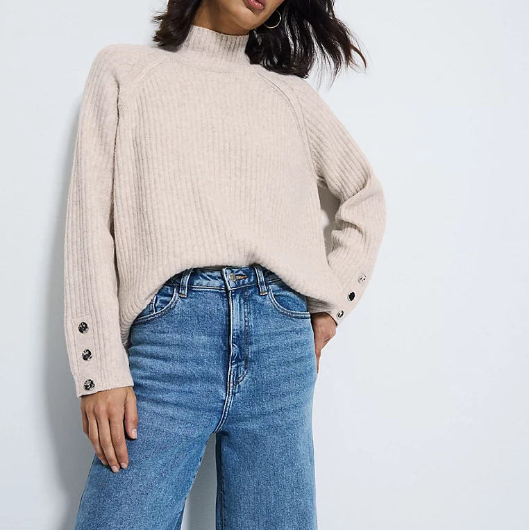 Knitted Button Funnel Neck Jumper Cream – Shush