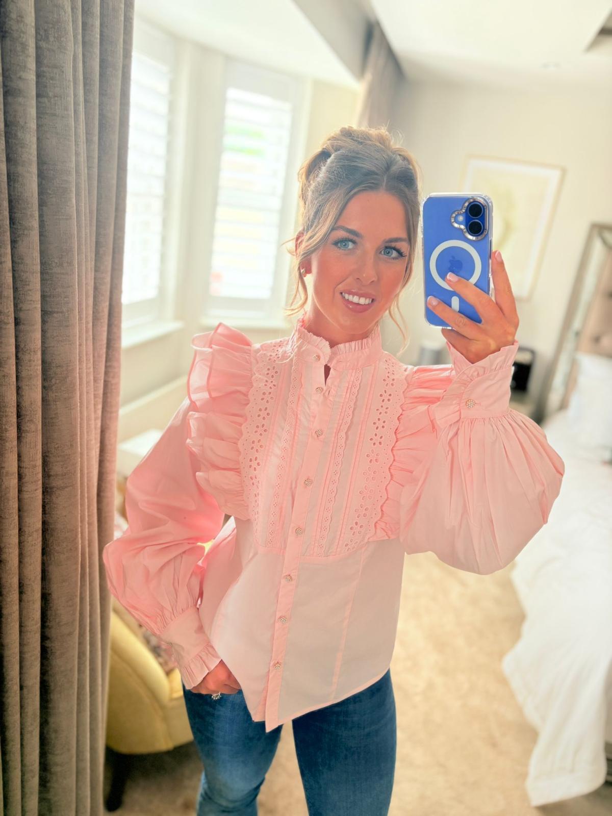 EX-RI Frill High Neck Pink Shirt