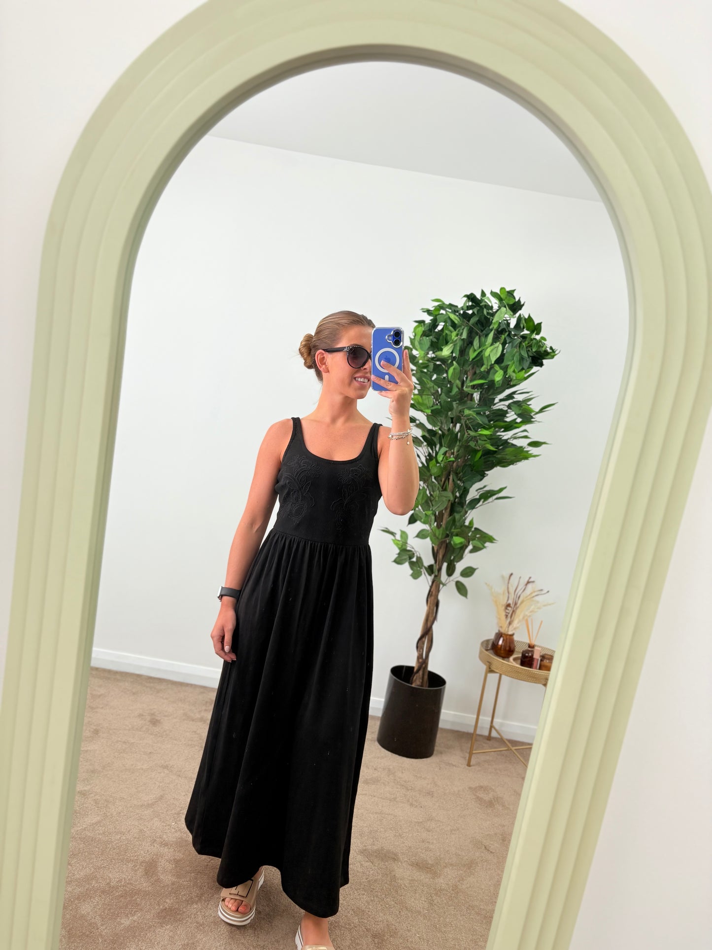 Black Cotton Sundress With Embroidered Bodice