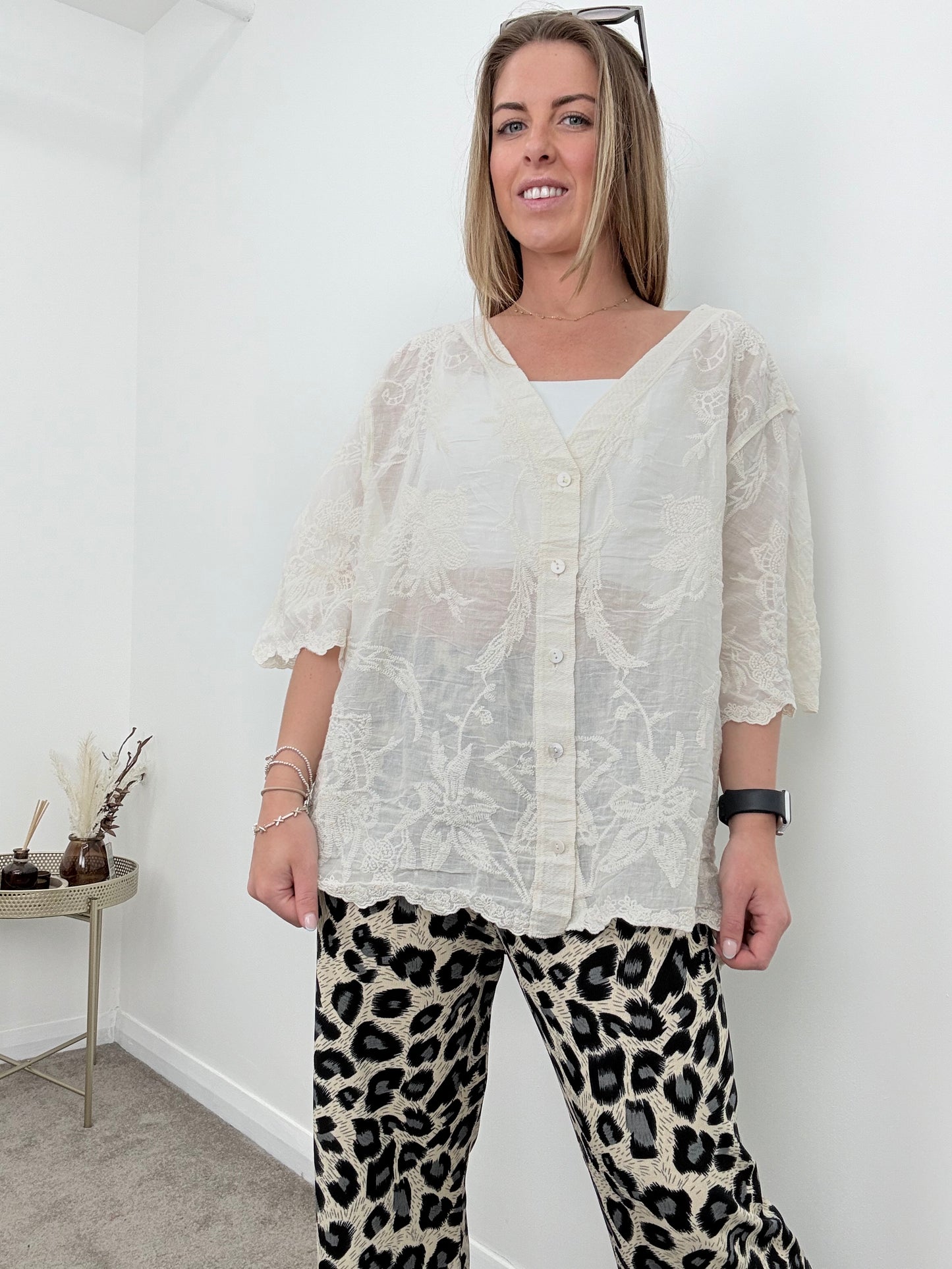 Cream Button Through V-Neckline Embroidered Blouse