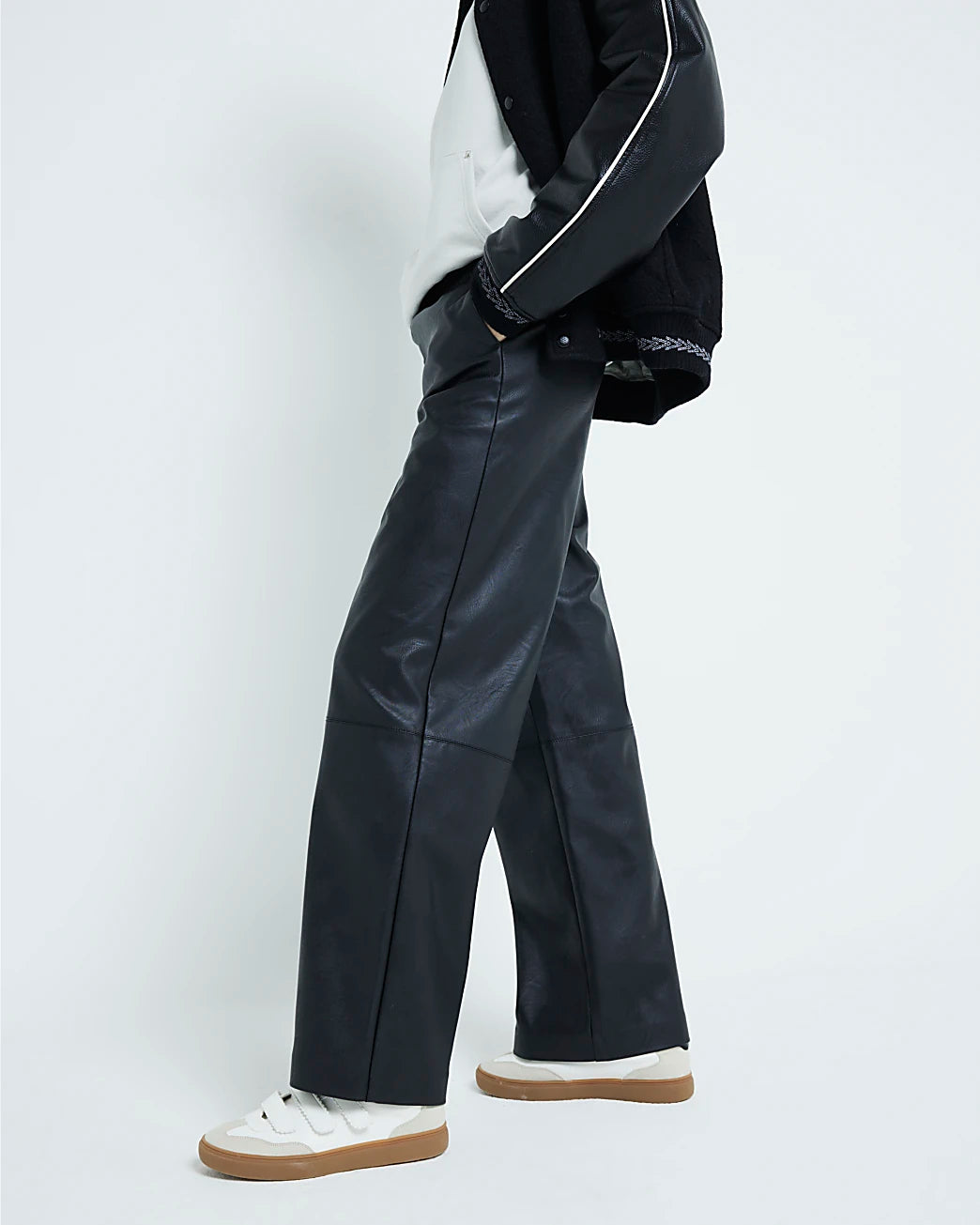 Ex -river Island Black Faux Leather Elasticated Waist Trousers