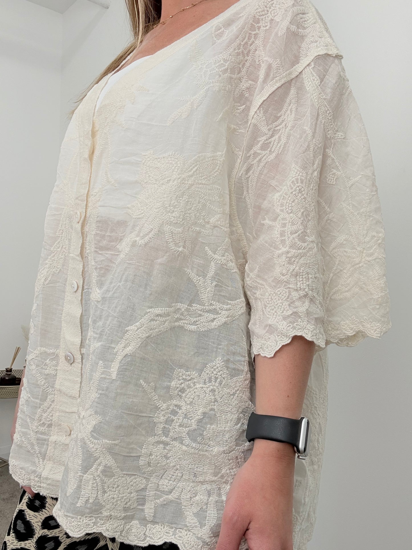Cream Button Through V-Neckline Embroidered Blouse