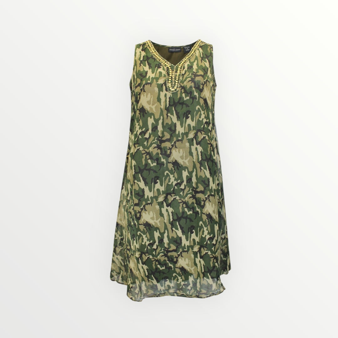 Sleeveless Camo Embellished Khaki Shift Dress Plus Size
