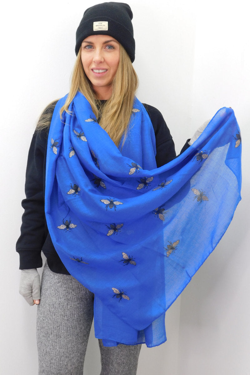 Silver Foil Bee Design Scarf Royal Blue