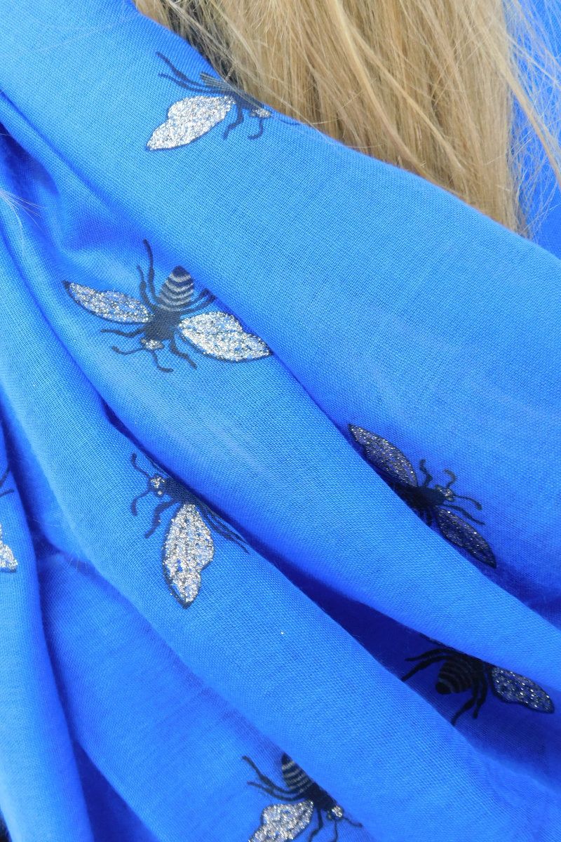Silver Foil Bee Design Scarf Royal Blue