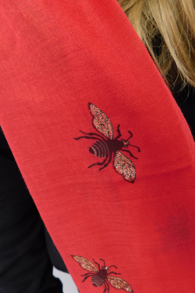 Silver Foil Bee Design Scarf Red