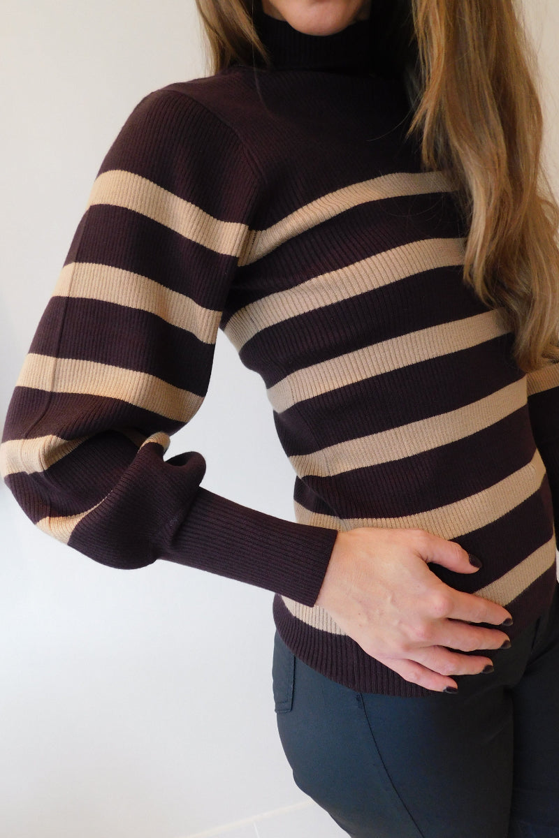 Famous Store Camel Stripe High Neck Jumper