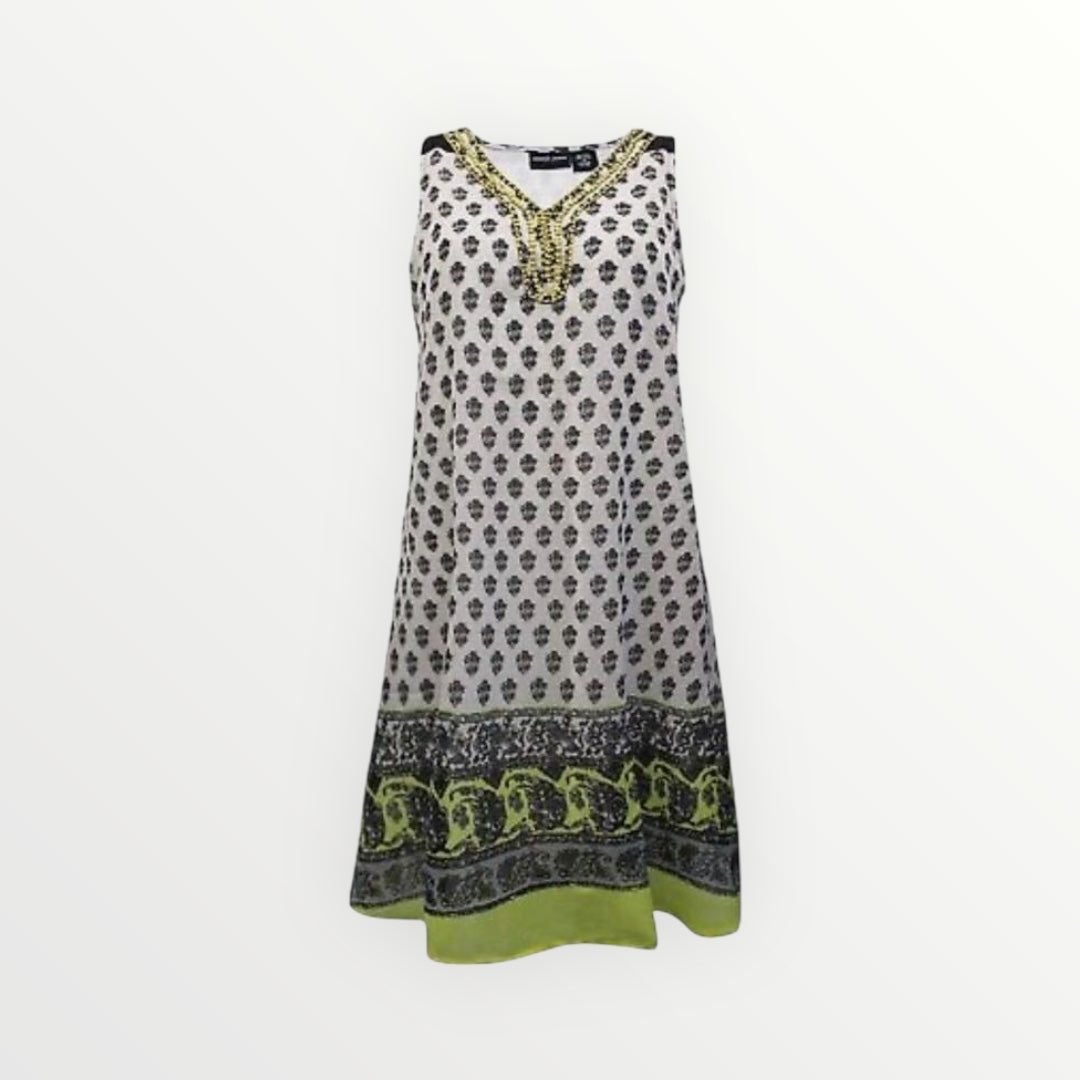 Sleeveless Border Print Embellished Shift Dress
