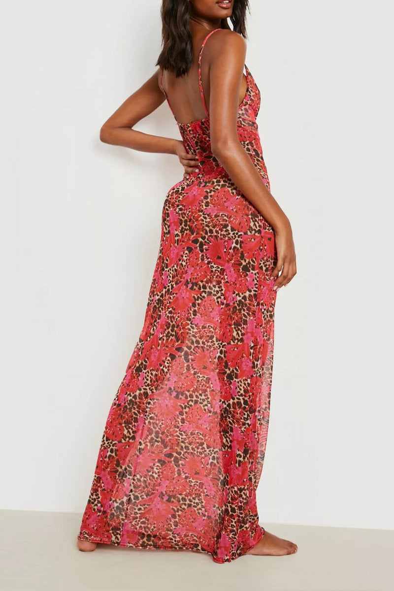 Ex-Boohoo Leopard Print Cowl Neck Maxi Beach Dress Red