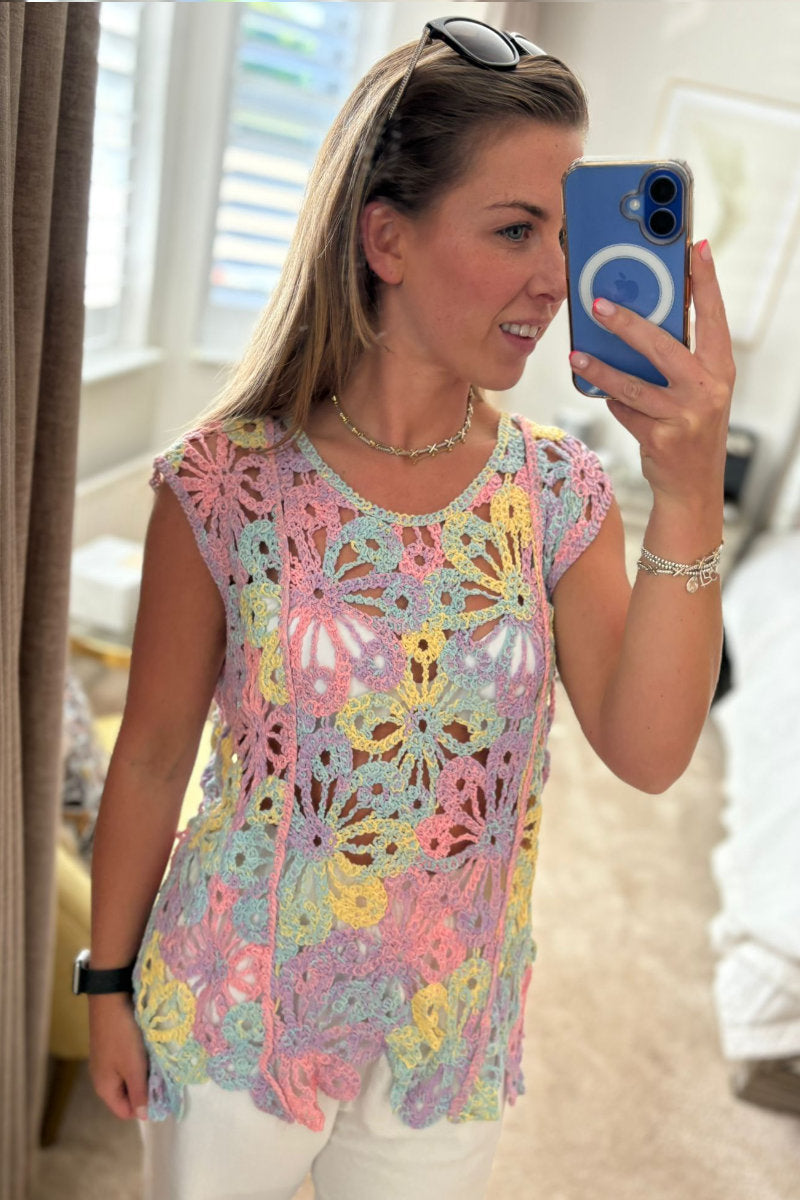 Pastel Rainbow Crochet Flower Top