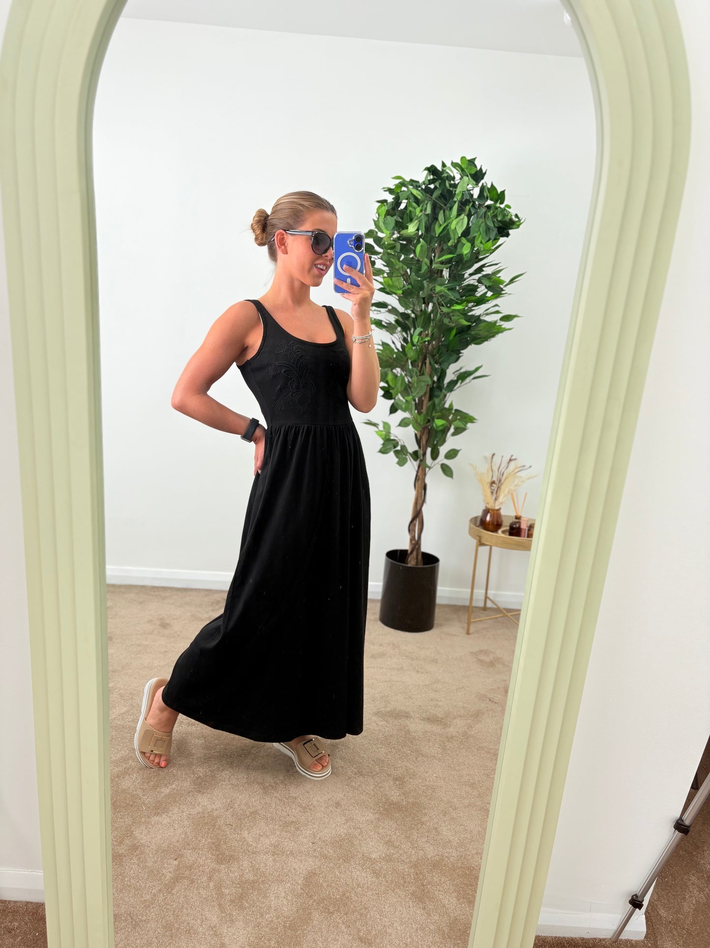 Black Cotton Sundress With Embroidered Bodice