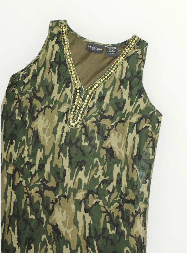 Sleeveless Camo Embellished Khaki Shift Dress Plus Size
