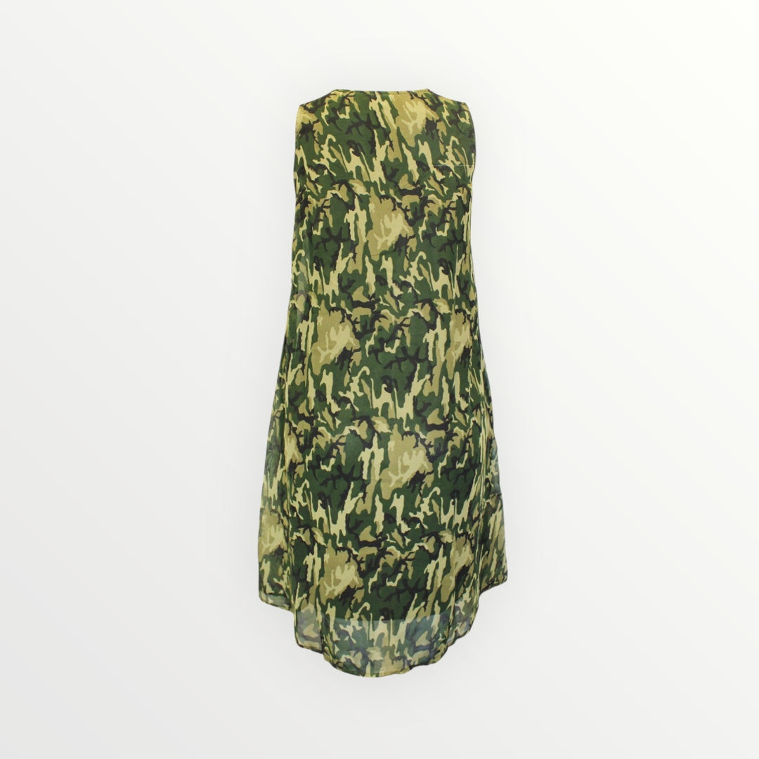 Sleeveless Camo Embellished Khaki Shift Dress Plus Size