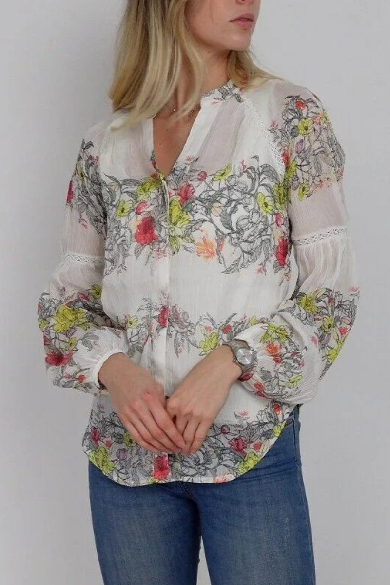 Famous Store Floral Crochet Sleeve Blouse