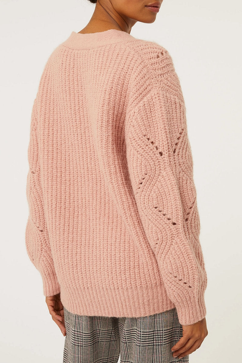 Ladies Knitted Button Up Cardigan Pink