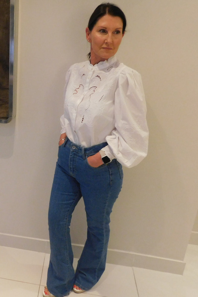 Famous Store White Embroidered Shirt