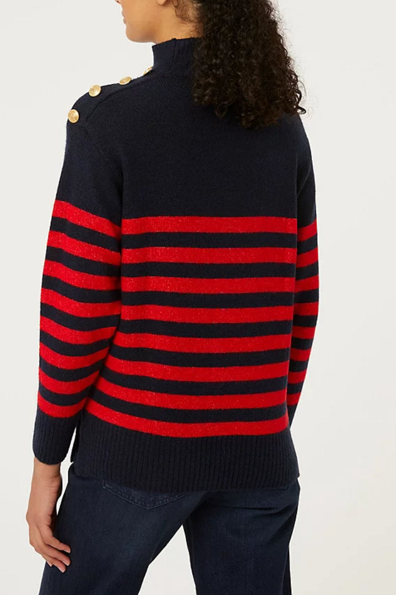 Supermarket Label Ladies Shoulder Detail Turtleneck Jumper Navy Red Stripe