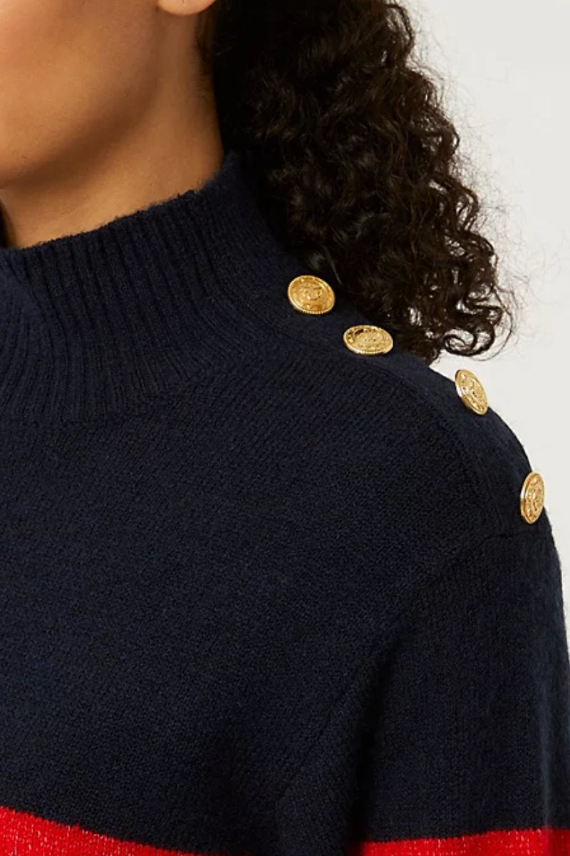 Supermarket Label Ladies Shoulder Detail Turtleneck Jumper Navy Red Stripe