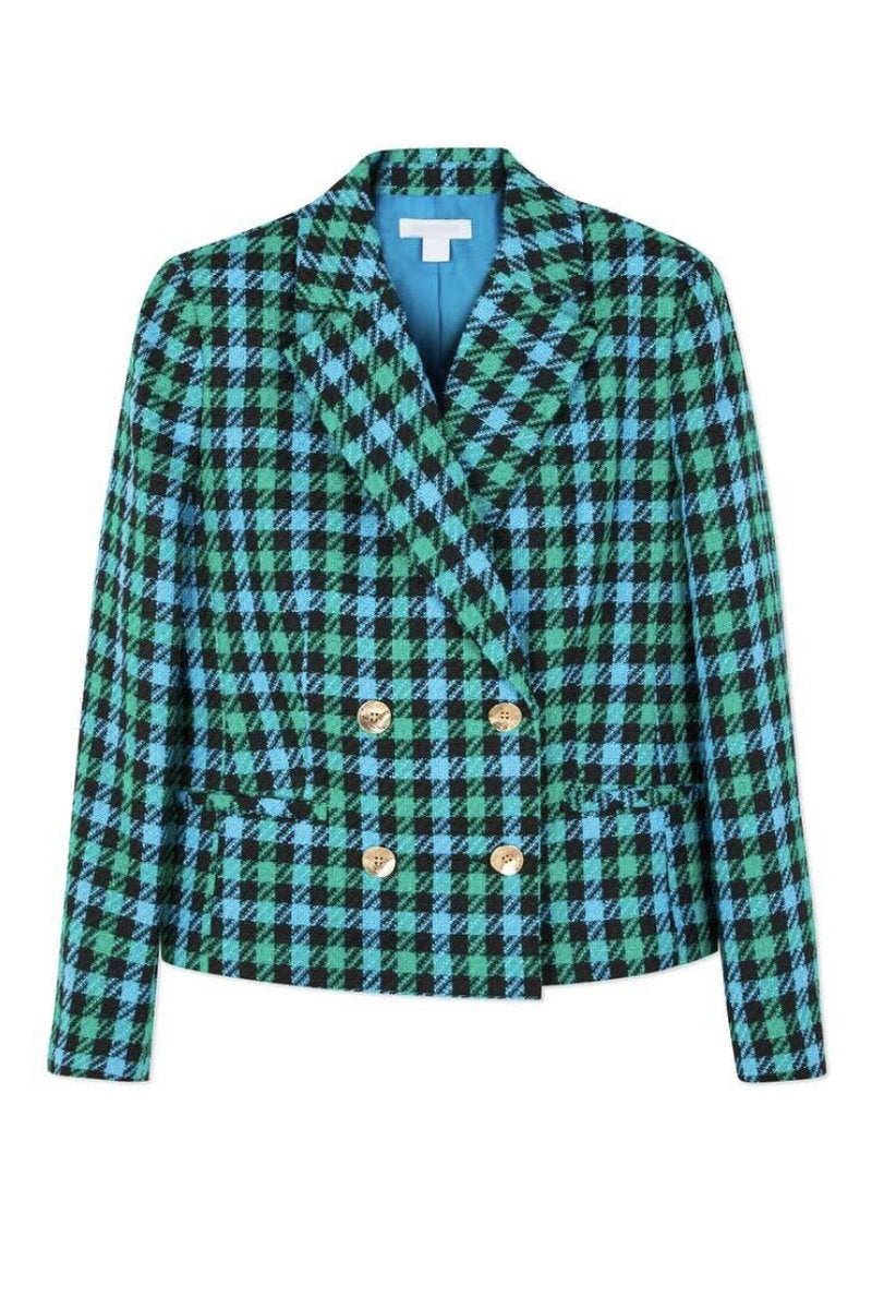 Ladies Blue Green Check Pattern Gold Buttons Shoulder Pad Crop Blazer Jacket