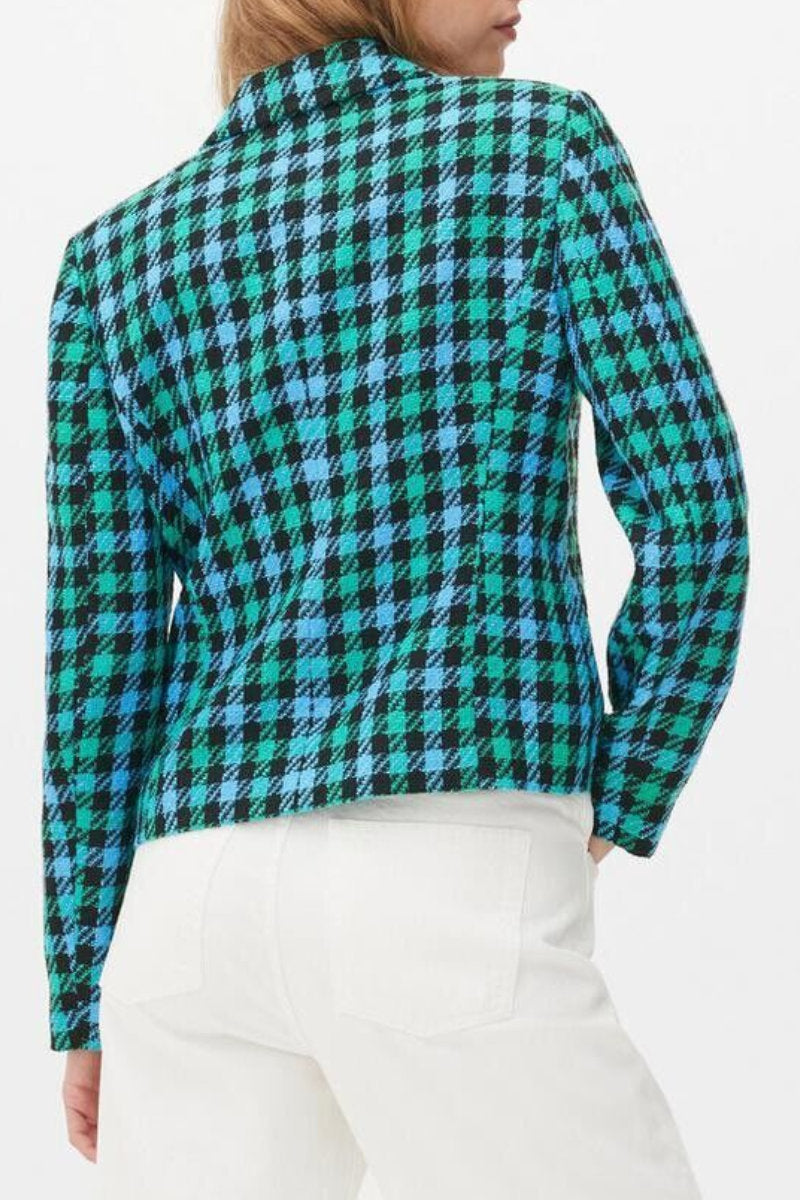 Ladies Blue Green Check Pattern Gold Buttons Shoulder Pad Crop Blazer Jacket