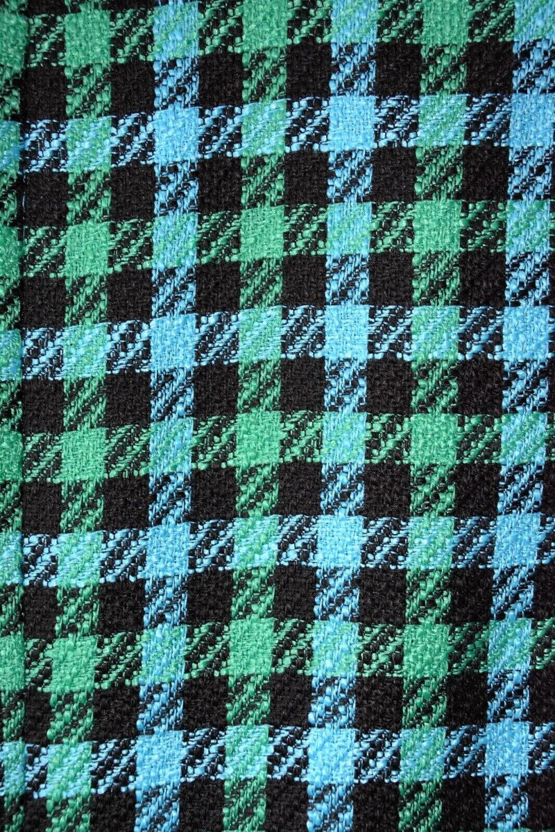 Ladies Blue Green Check Pattern Gold Buttons Shoulder Pad Crop Blazer Jacket