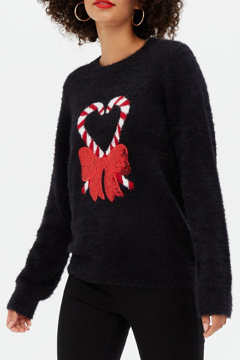 Yessica Candy Cane Christmas Eyelash Sequin Bow Jumper