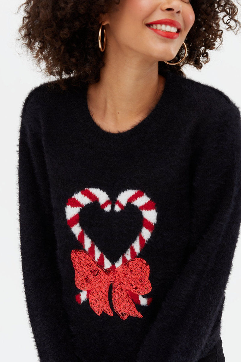 Yessica Candy Cane Christmas Eyelash Sequin Bow Jumper