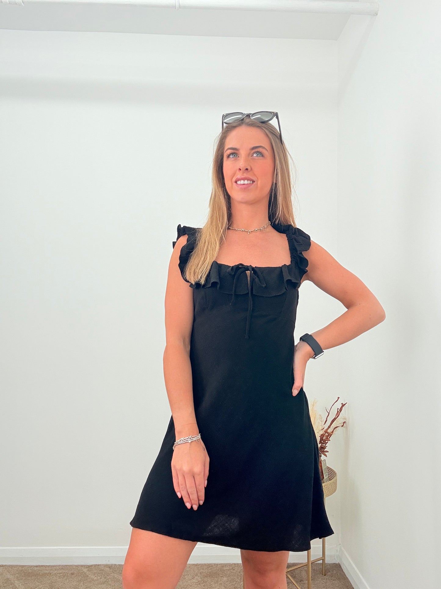 EX-New Look Frill Strap Black Linen Blend Mini Dress/Tunic