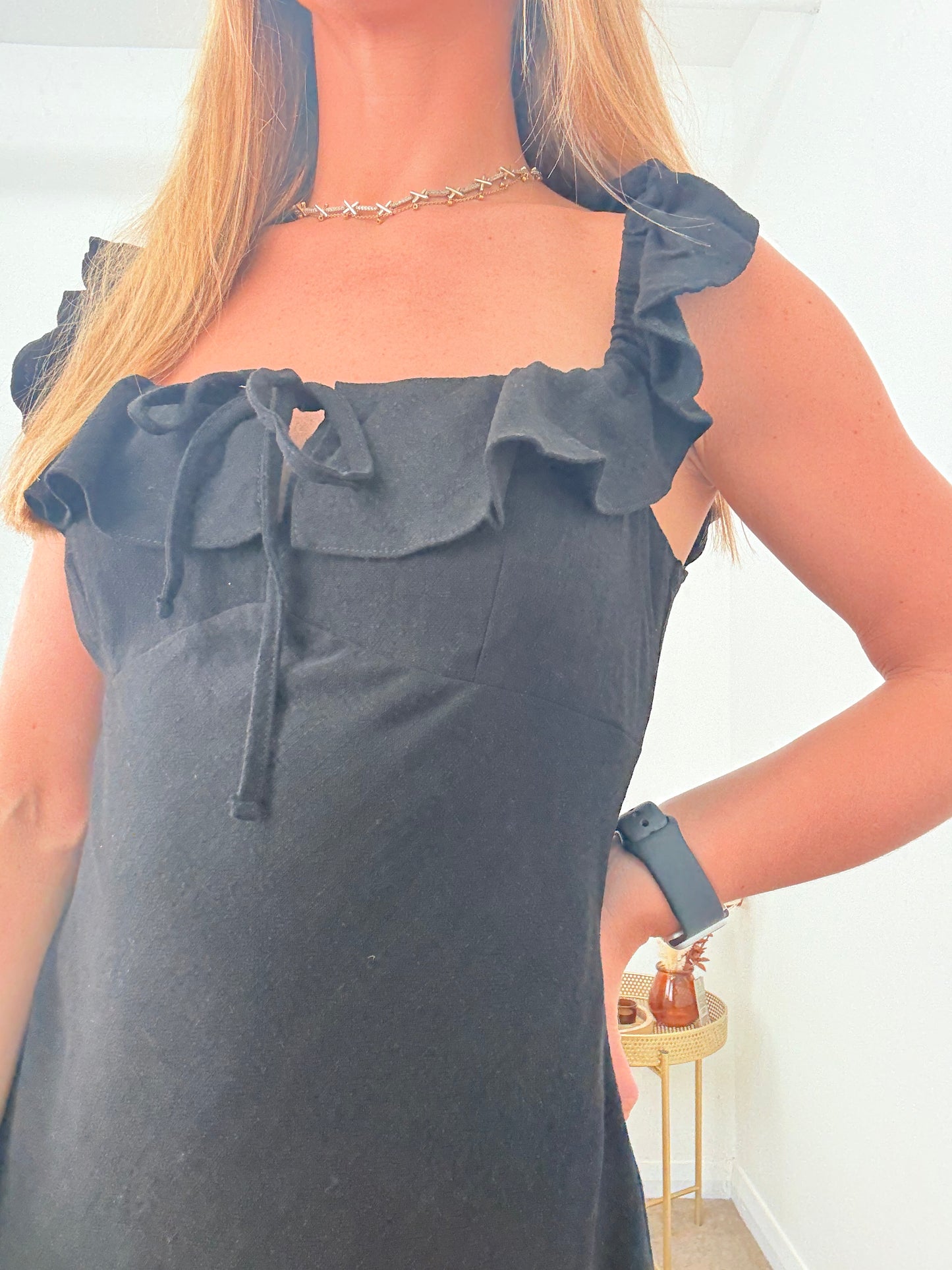 EX-New Look Frill Strap Black Linen Blend Mini Dress/Tunic