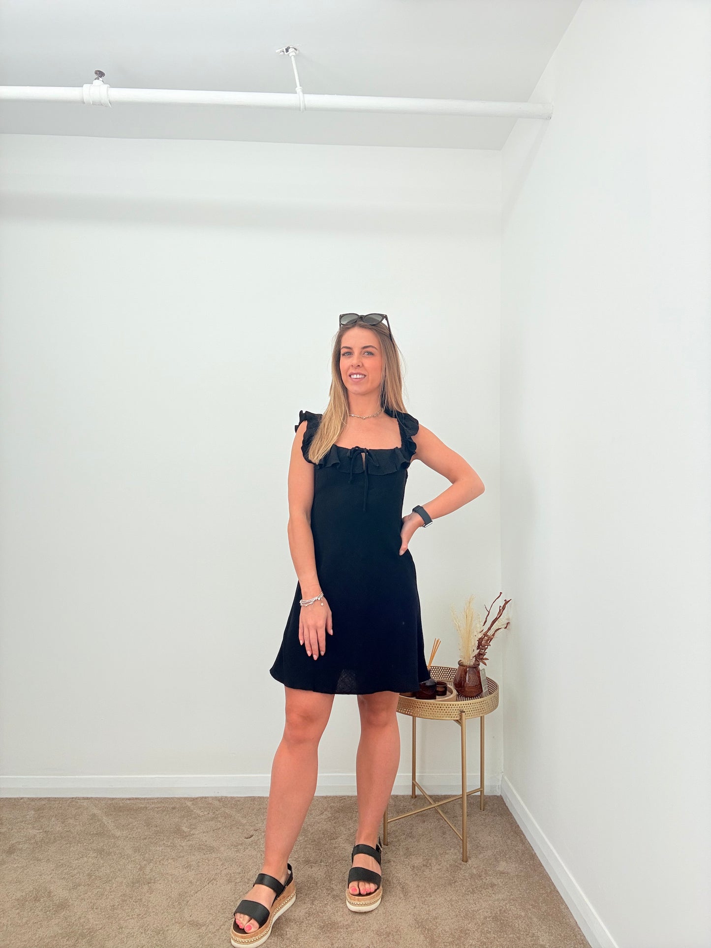 EX-New Look Frill Strap Black Linen Blend Mini Dress/Tunic