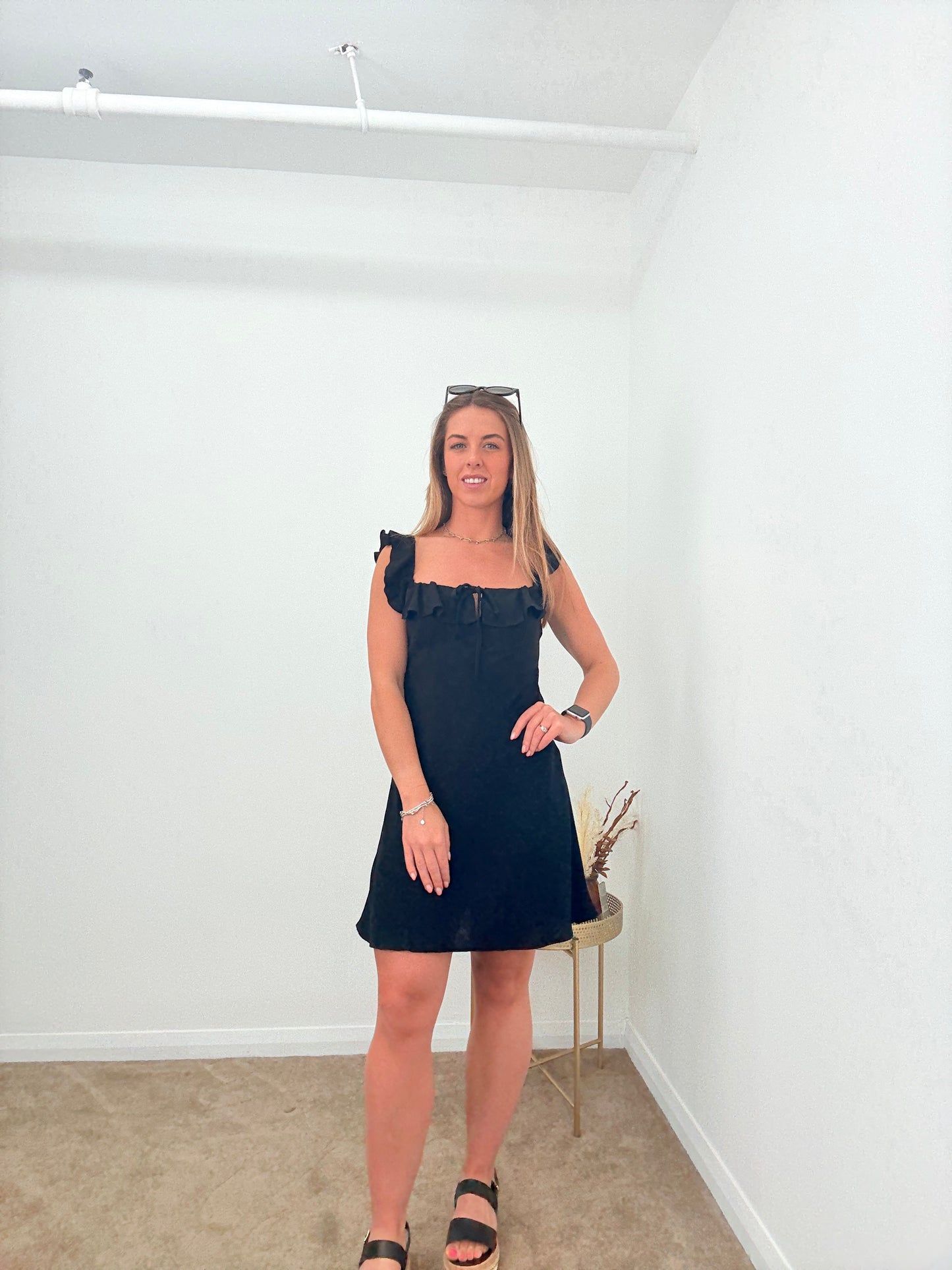 EX-New Look Frill Strap Black Linen Blend Mini Dress/Tunic