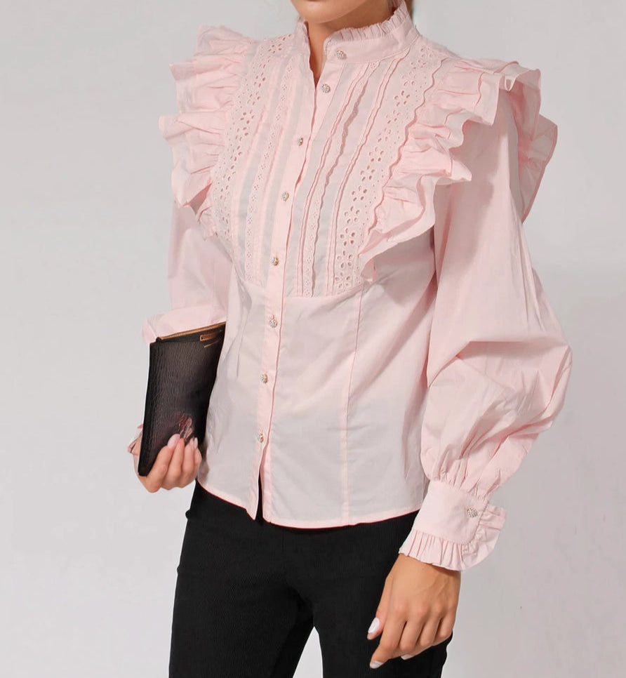 EX-RI Frill High Neck Pink Shirt