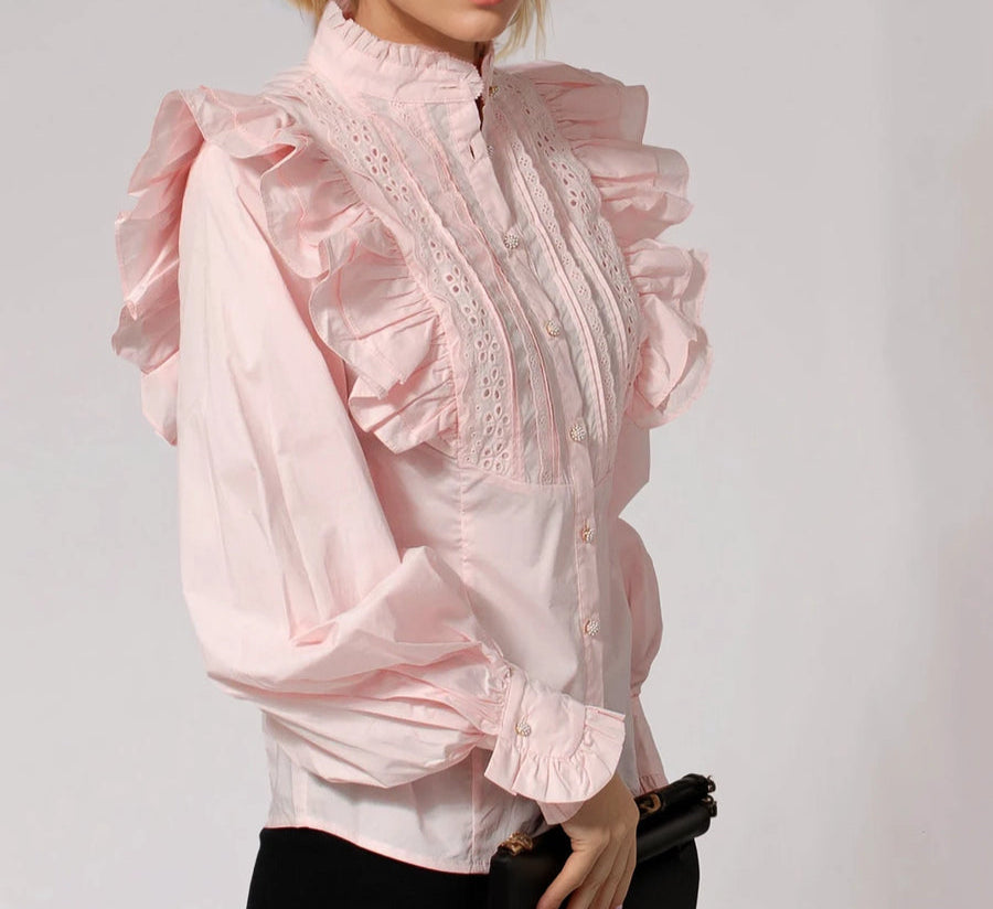 EX-RI Frill High Neck Pink Shirt