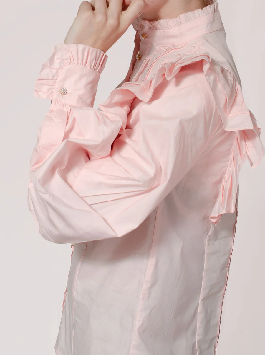 EX-RI Frill High Neck Pink Shirt