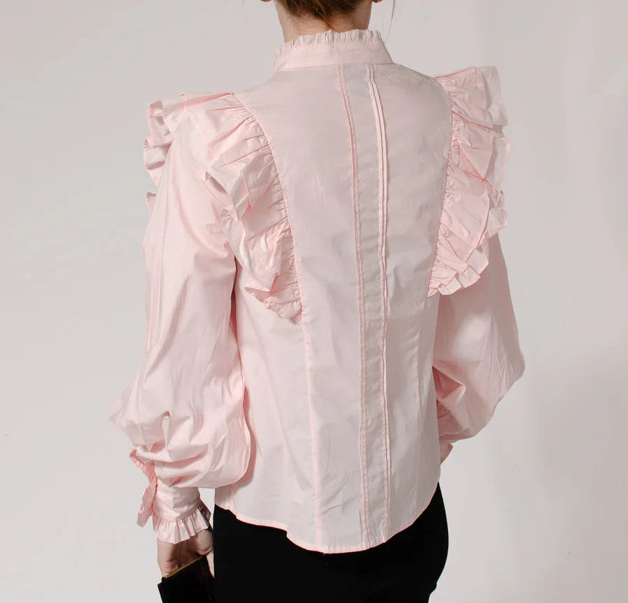 EX-RI Frill High Neck Pink Shirt
