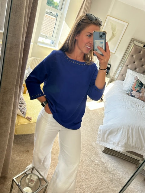 Famous Store Sapphire Blue 3/4 Sleeve Stretch Blouse Tunic Top