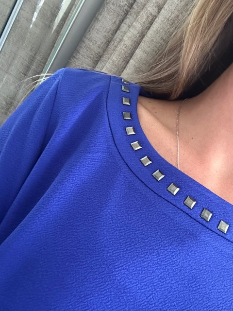 Famous Store Sapphire Blue 3/4 Sleeve Stretch Blouse Tunic Top