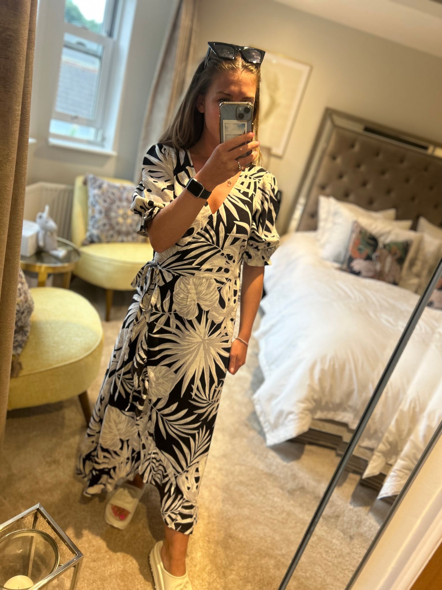 Famous Store Linen Leaf Print Dress