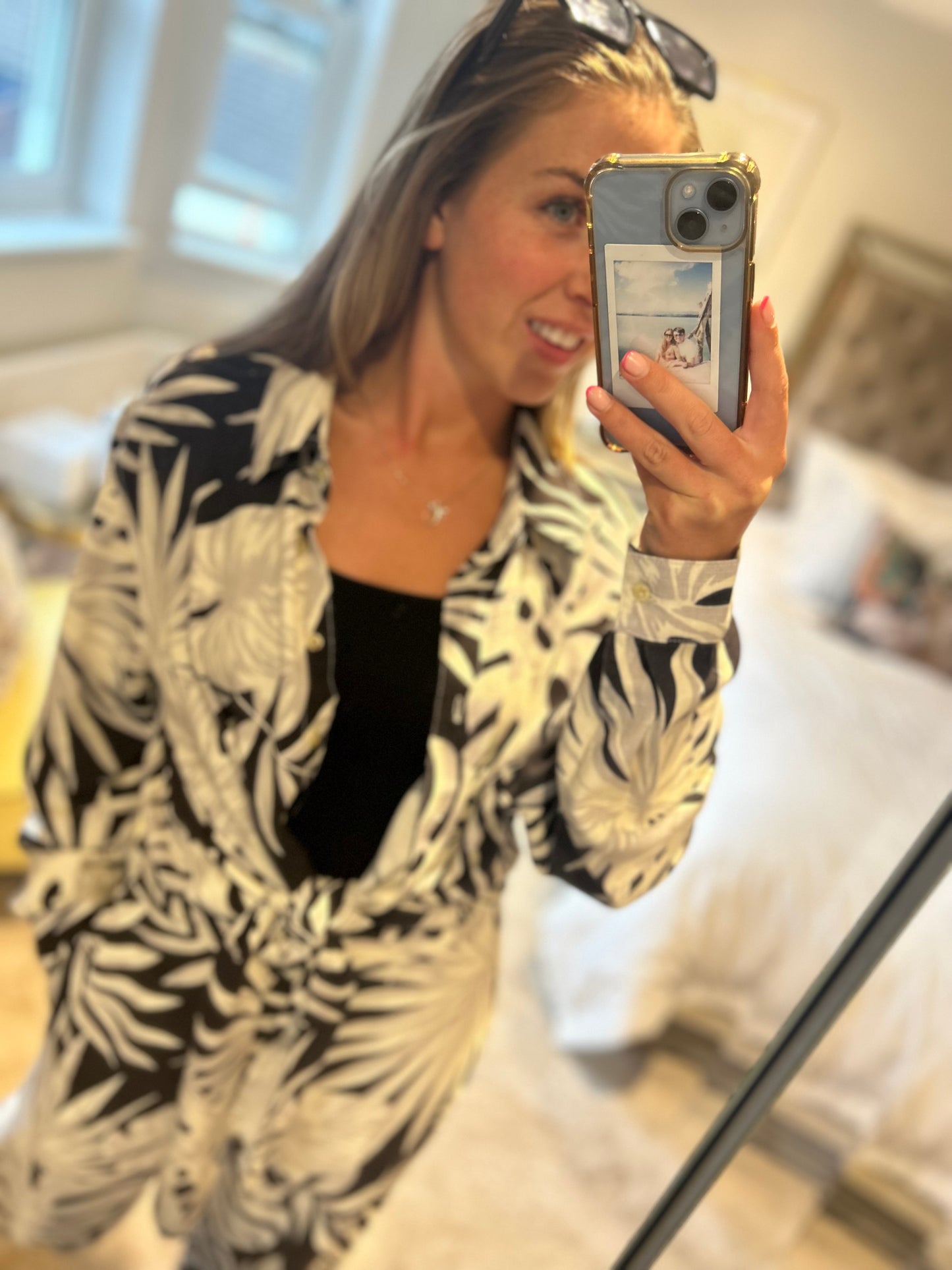 Famous Store Linen Leaf Print Tie Shirt