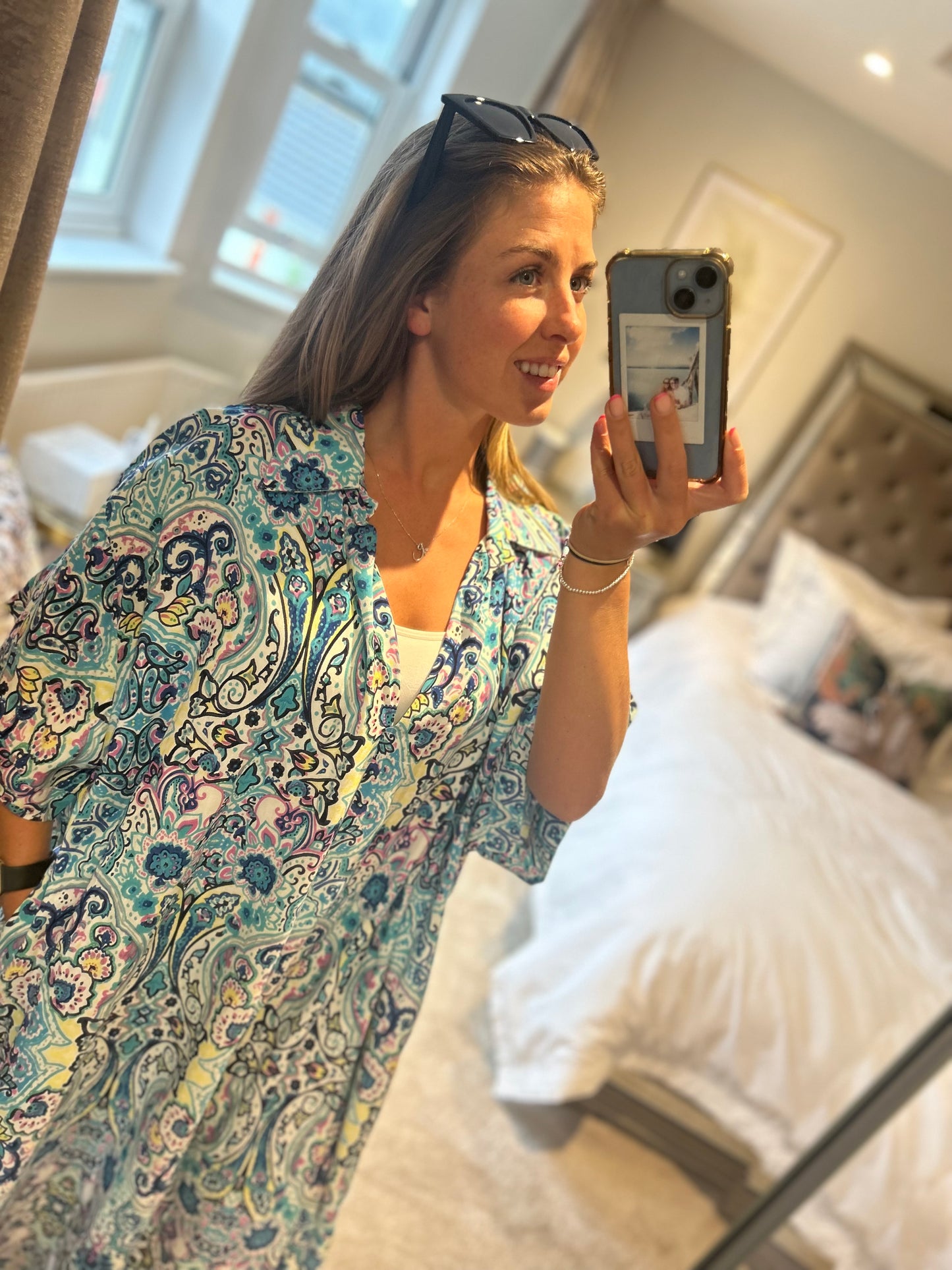 QED London Oversized Printed Blue Dress