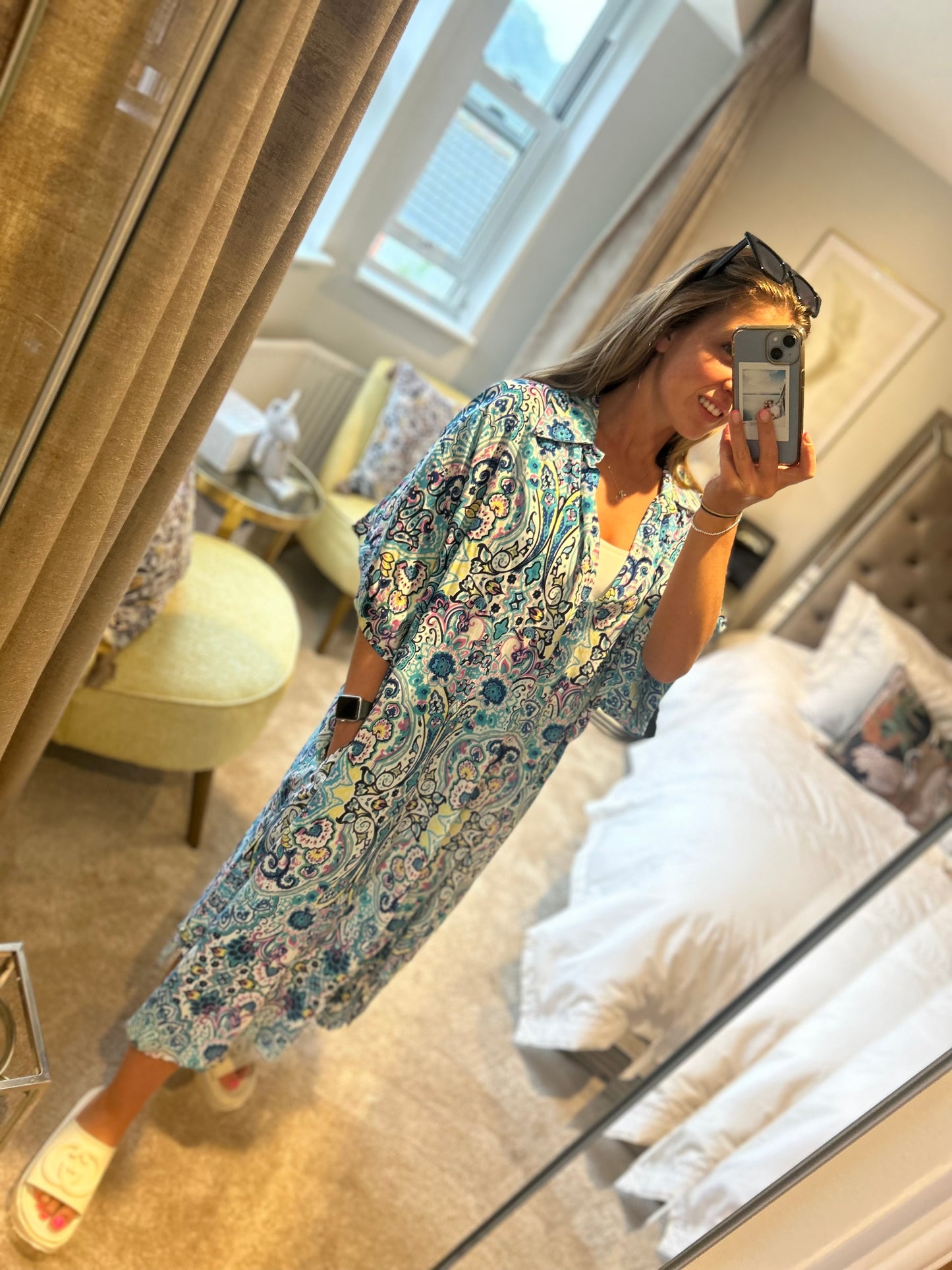 QED London Oversized Printed Blue Dress
