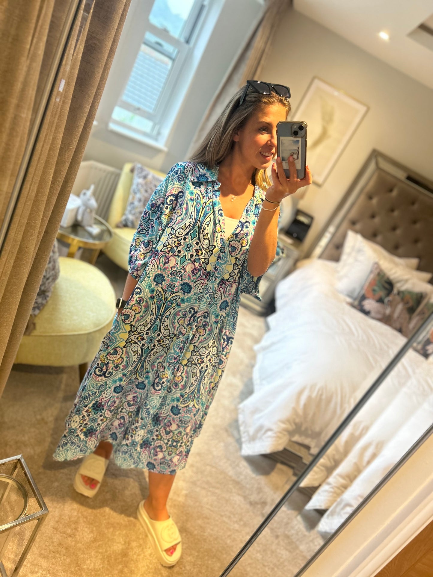QED London Oversized Printed Blue Dress