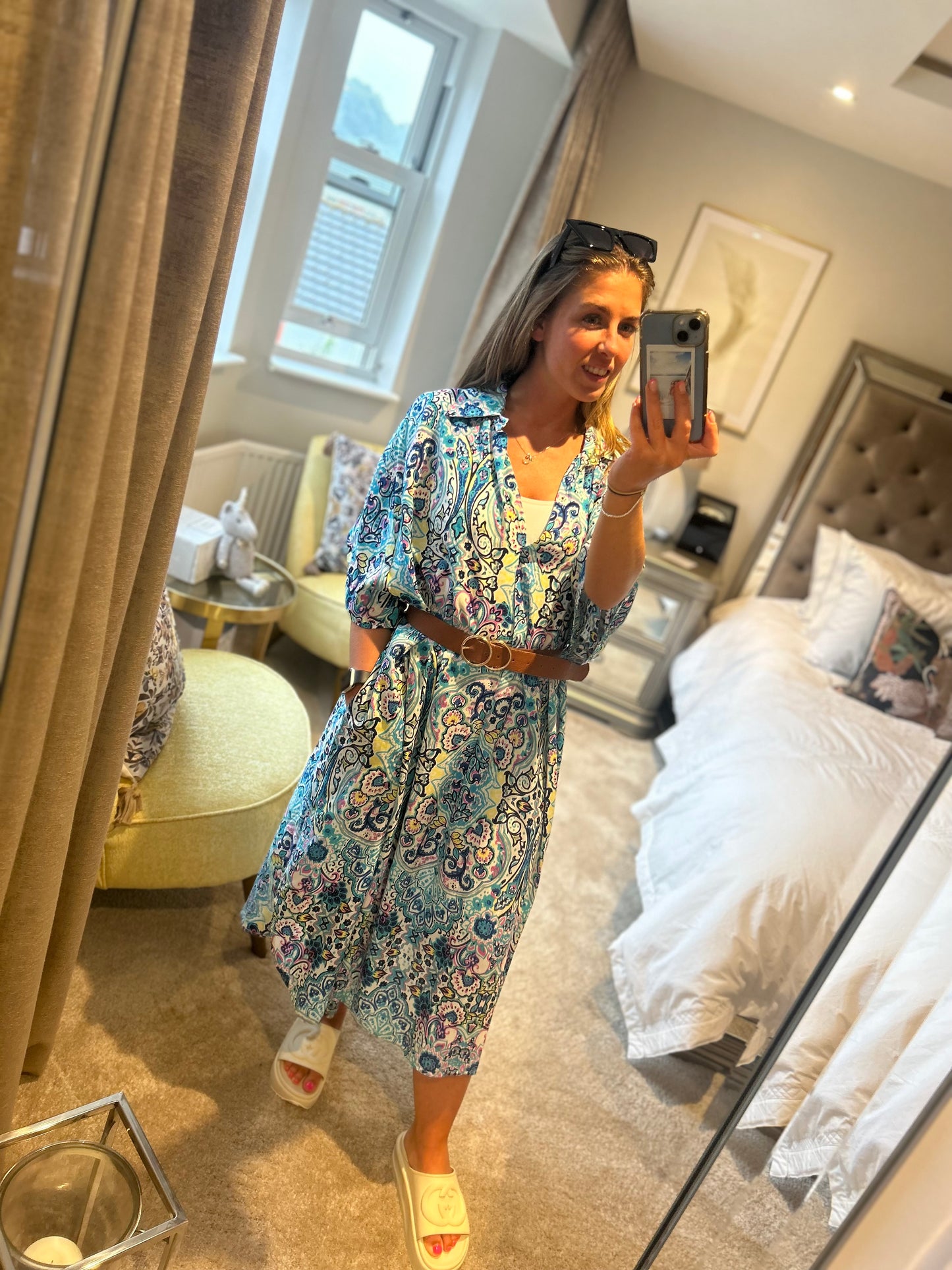 QED London Oversized Printed Blue Dress