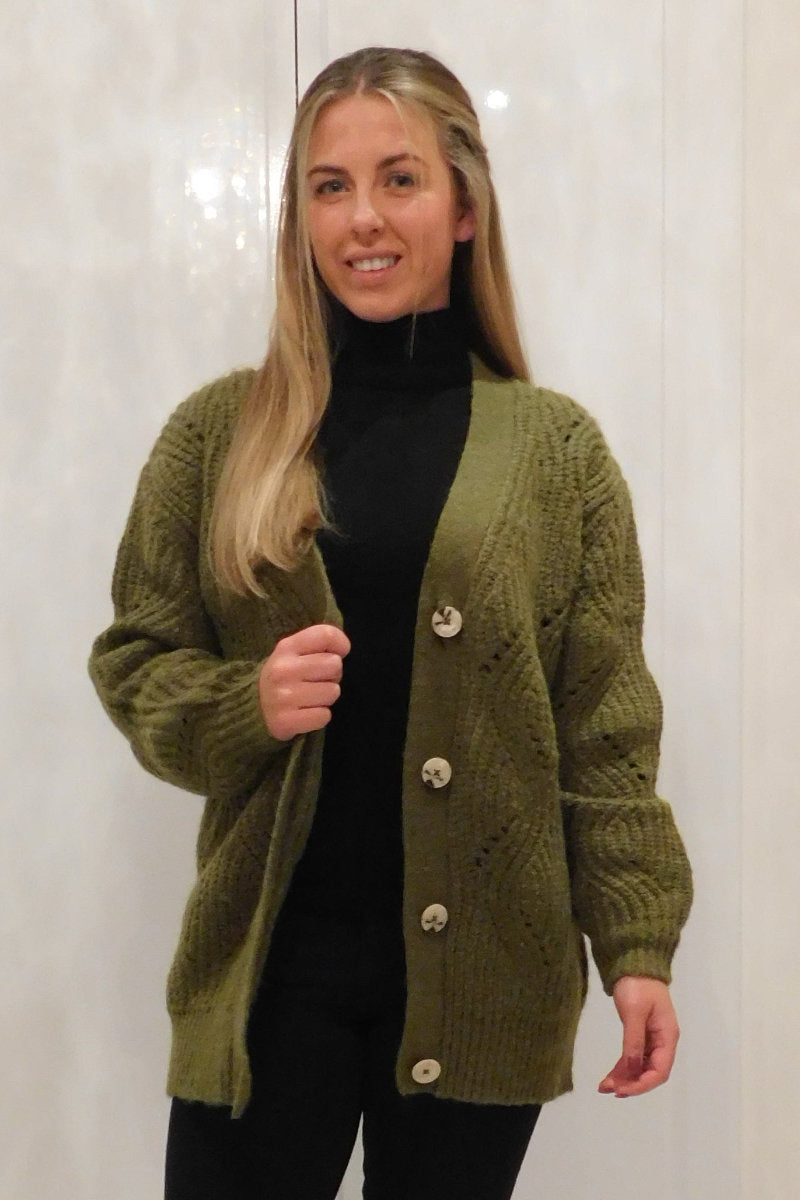 Ladies Knitted Button Up Cardigan Khaki